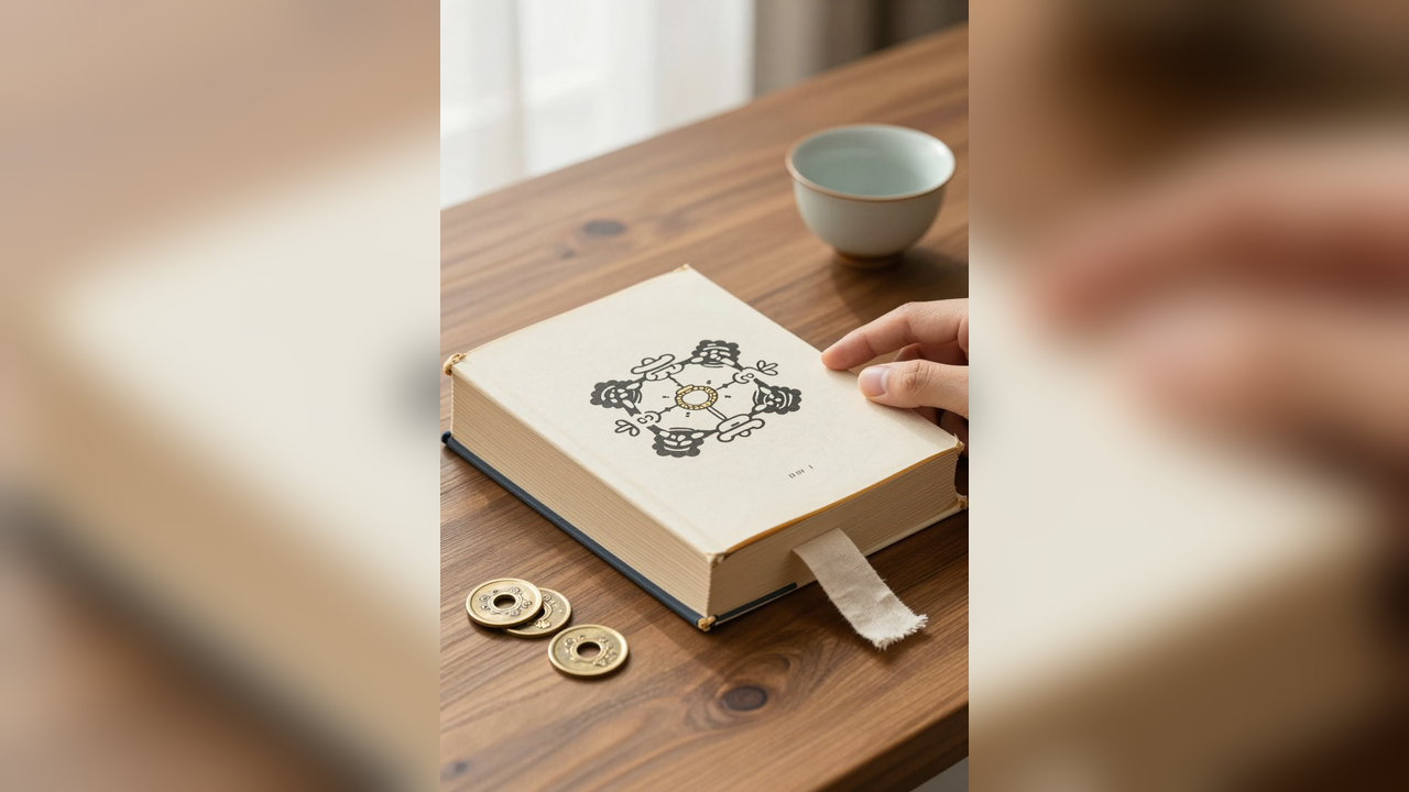 I Ching translation, three coins, tea cup, and linen bookmark on a wood desk