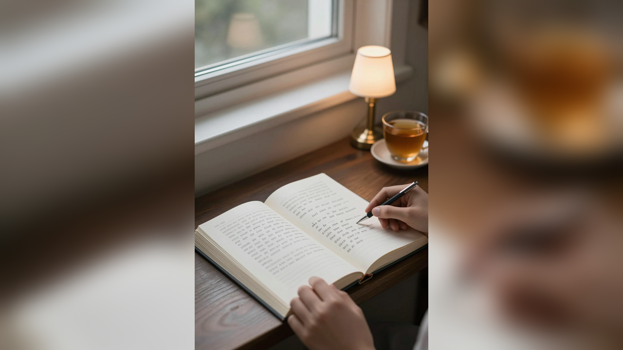 Closed I Ching book beside a reflection note, lamp, and tea cup