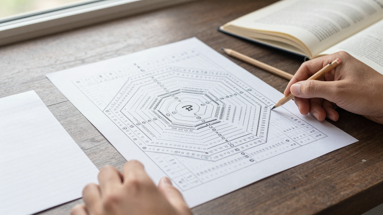 I Ching hexagram lookup chart beside a note card and pencil