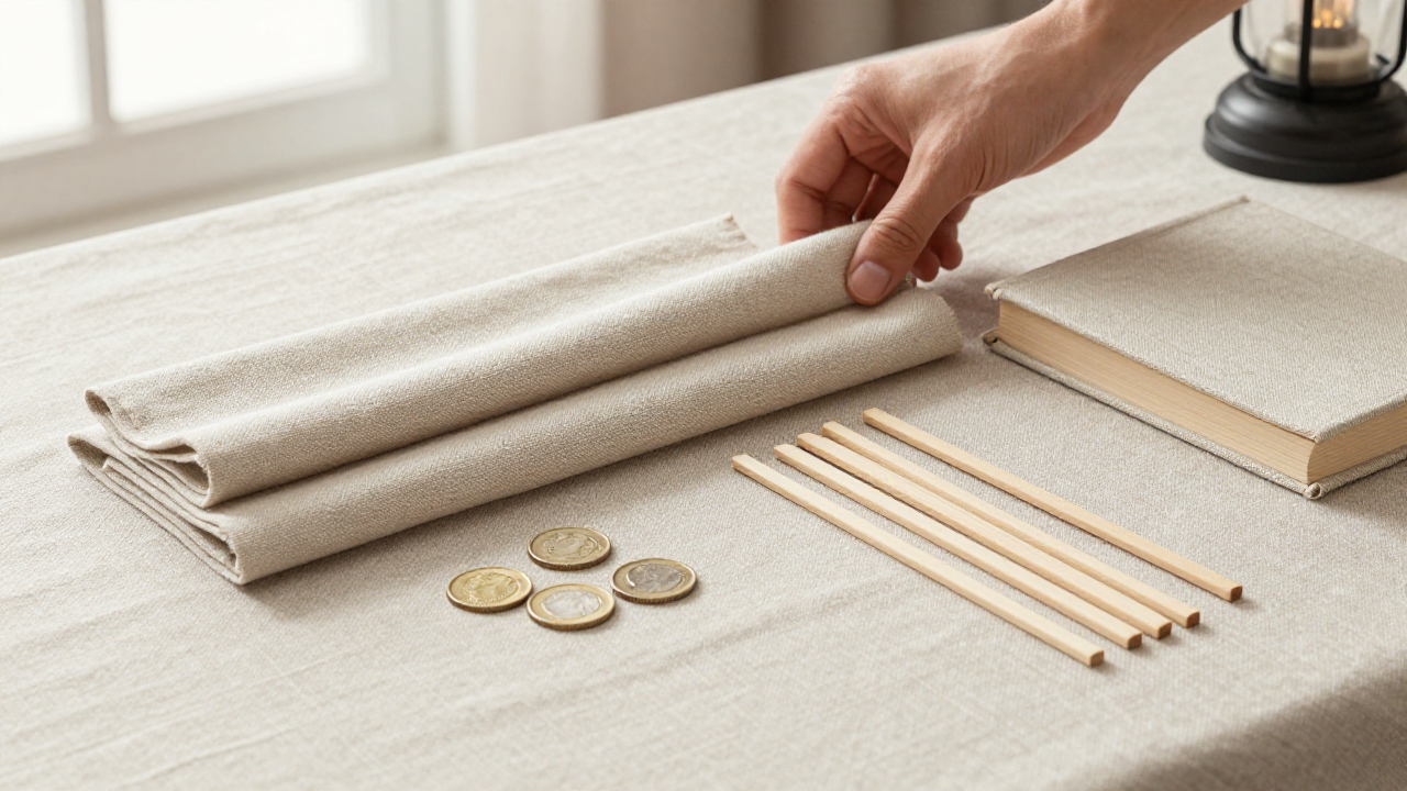 Blank reference cards, wooden line sticks, coins, closed book, and small lamp on linen