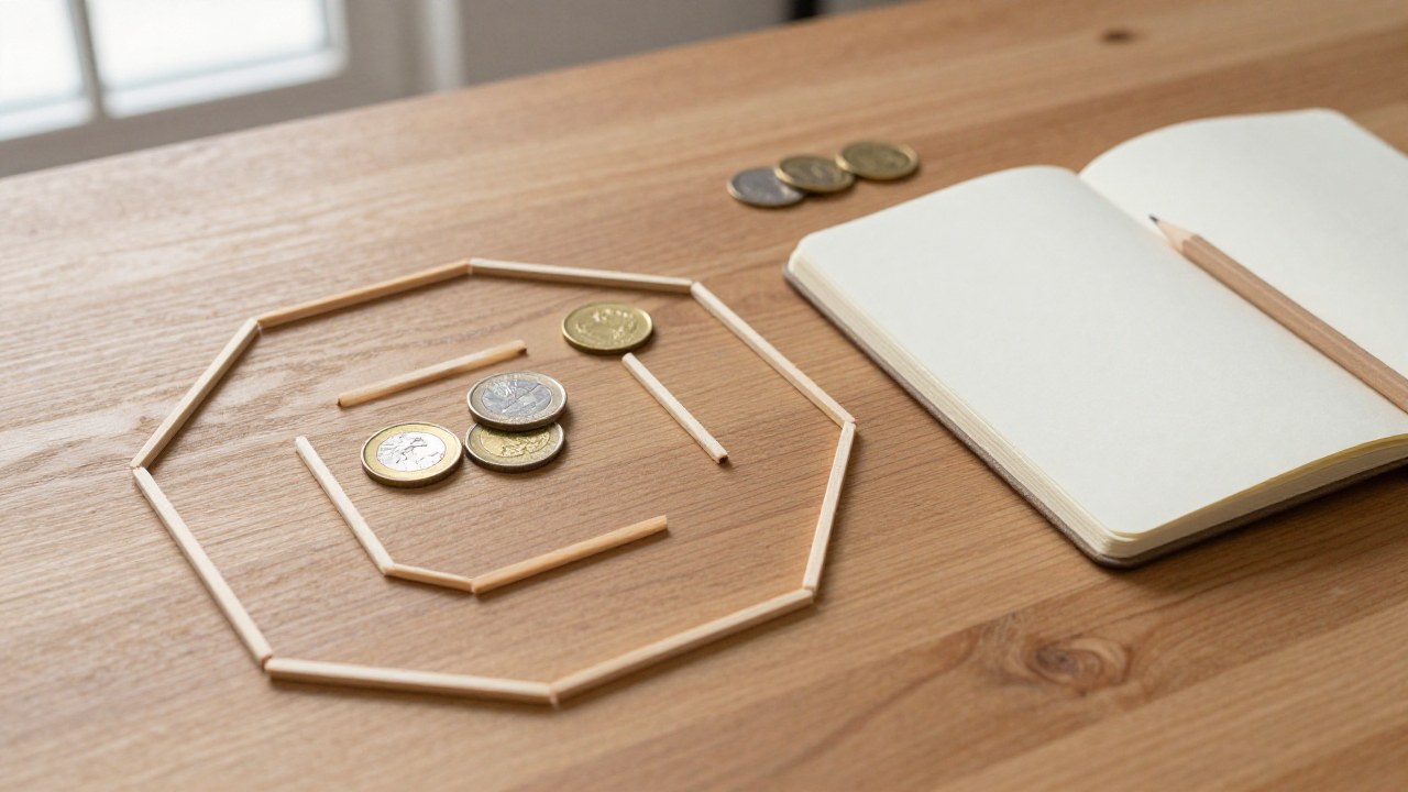 Wooden line sticks, three coins, blank notebook, and pencil arranged for a six-line I Ching record