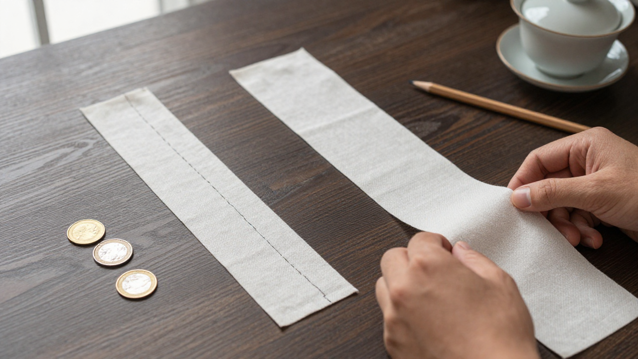 Hands comparing blank line-pattern cards beside coins, pencil, and a ceramic tea cup
