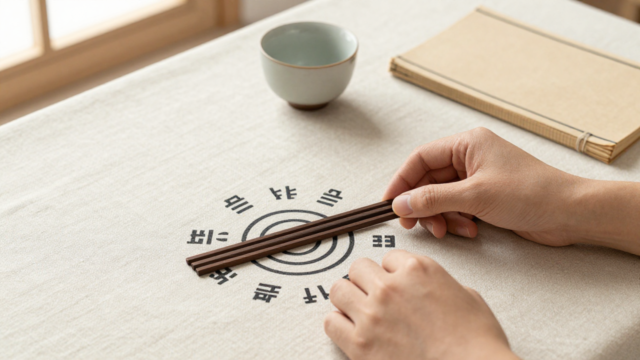 Hands arranging wooden sticks beside a tea cup and closed unmarked cloth book