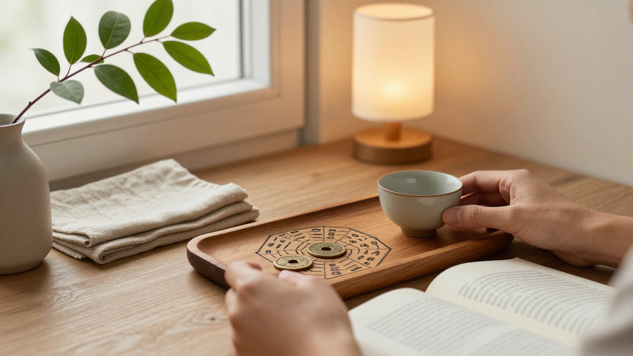 Warm evening reading corner with coins, tea cup, lamp, and leafy branch