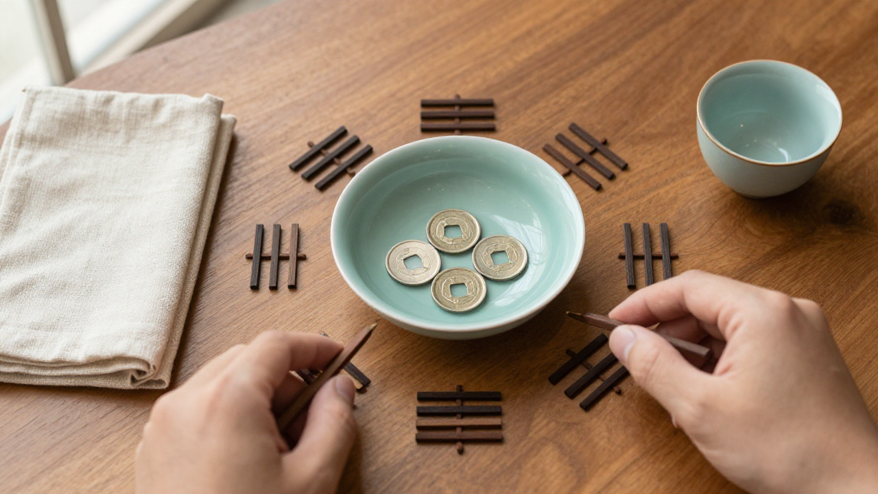 Three blank coins in a celadon bowl with wooden sticks and tea cup