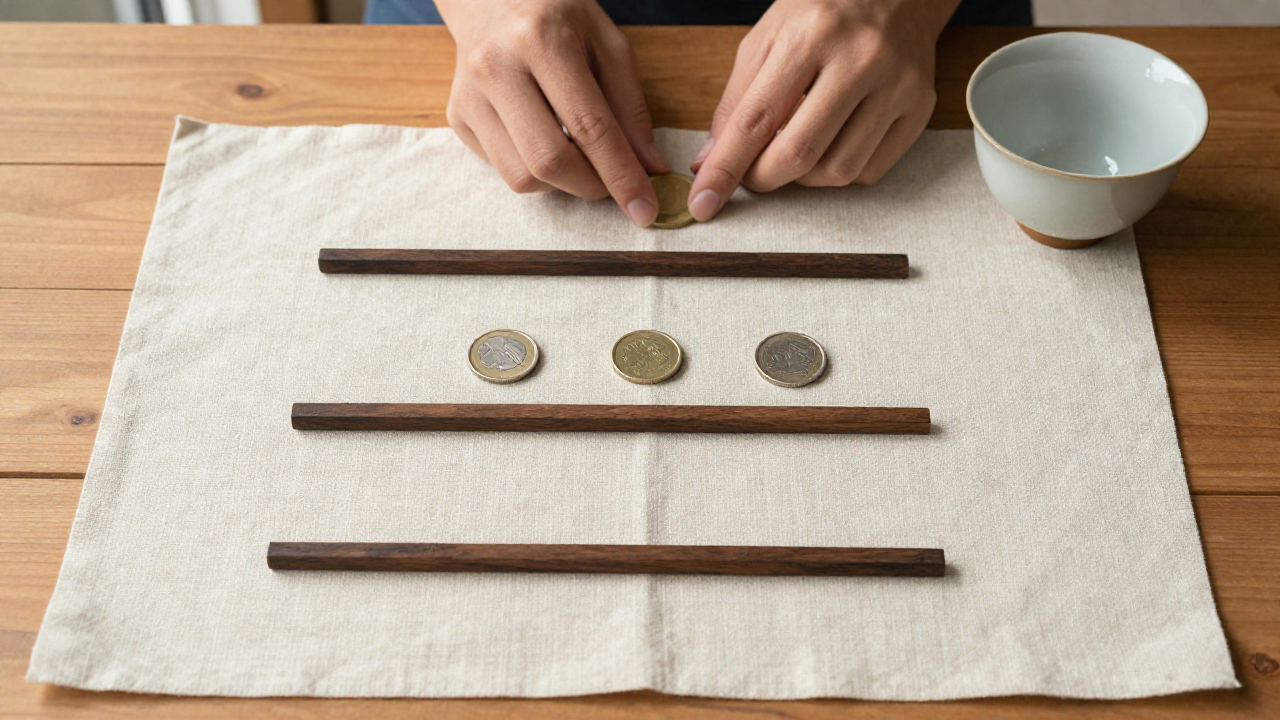 Three short dark wooden sticks, blank linen, coins, and a tea cup on a warm table
