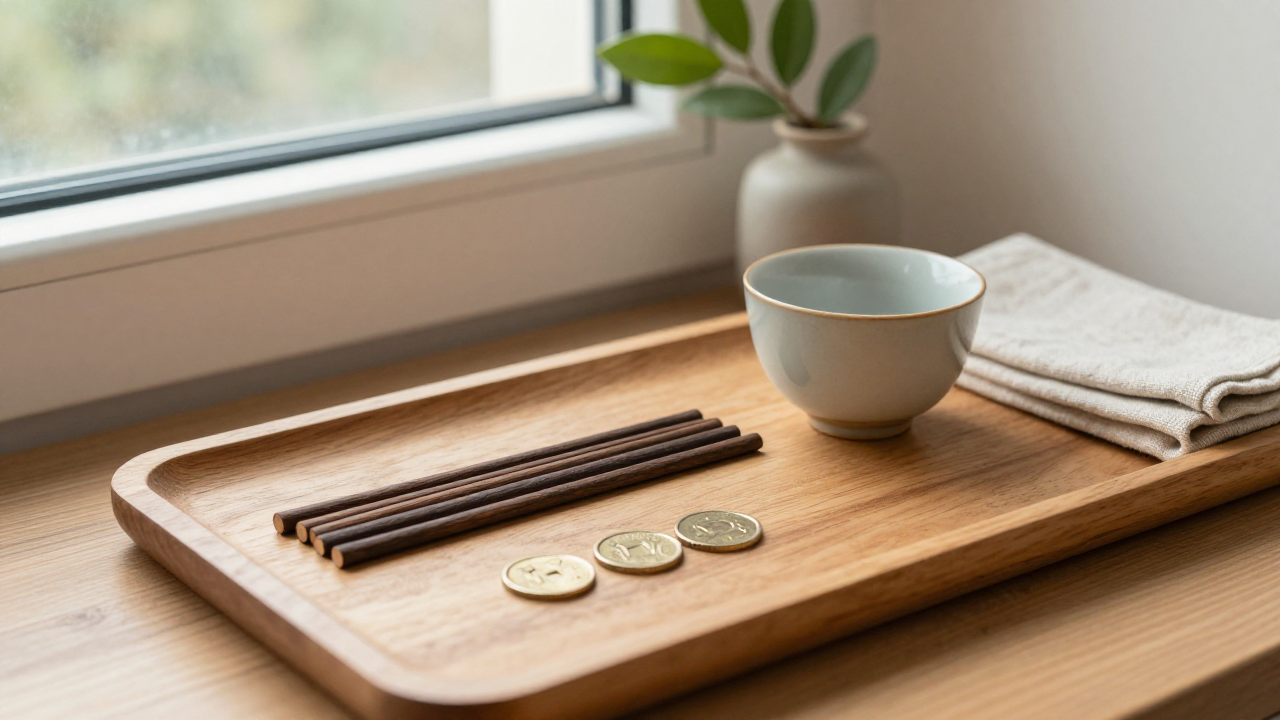 Wooden tray with six dark sticks in two loose groups, coins, tea cup, and a leafy branch