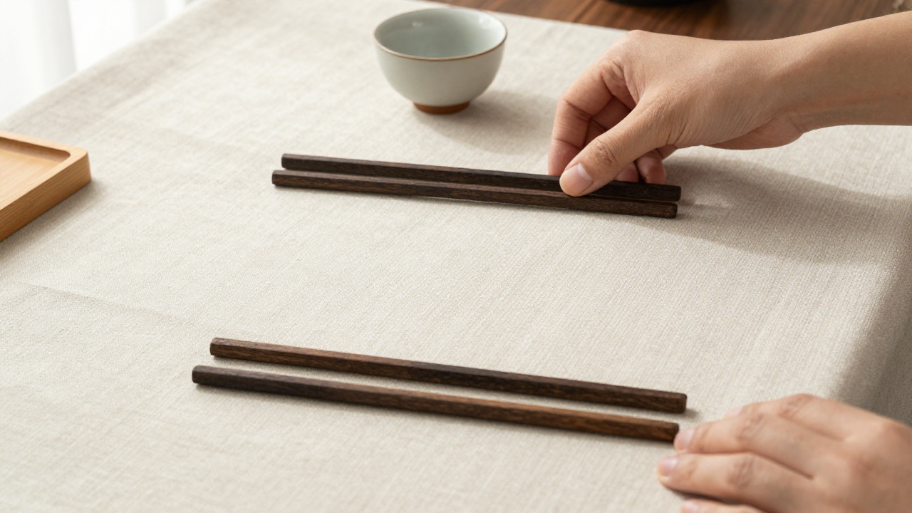 Hands placing two groups of three dark wooden sticks on linen beside a tea cup