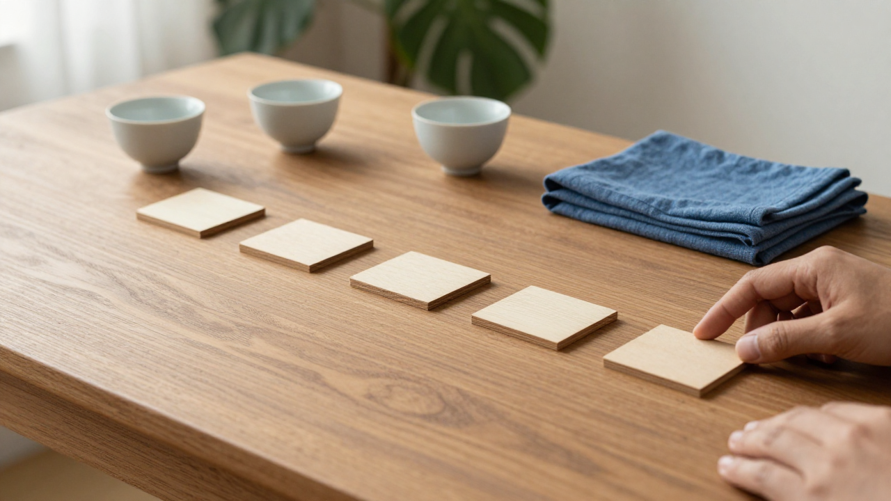 Quiet table with wooden line pieces, two tea cups, folded linen, and a leafy plant
