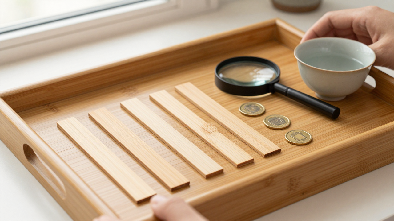 Open bamboo tray with grouped wooden line pieces, three coins, a small magnifying glass, and a tea cup