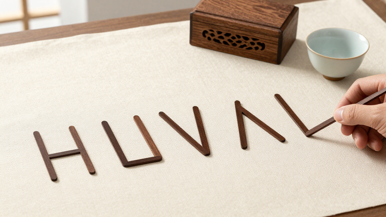 Six simple wooden line pieces arranged on linen beside a carved wooden case and tea cup