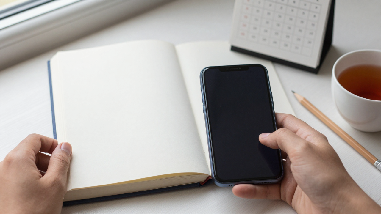 A closed book beside a practical checklist, phone, calendar, and tea cup