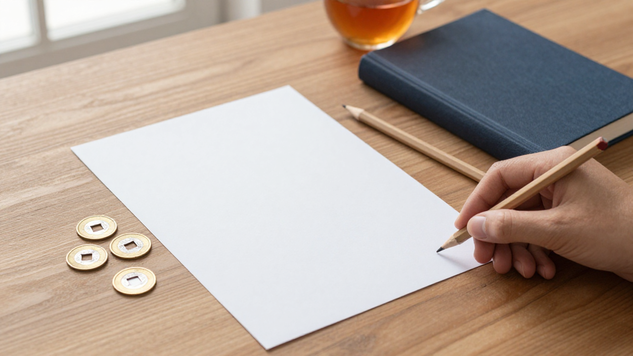 A handwritten question card beside three coins, a pencil, and a closed I Ching book