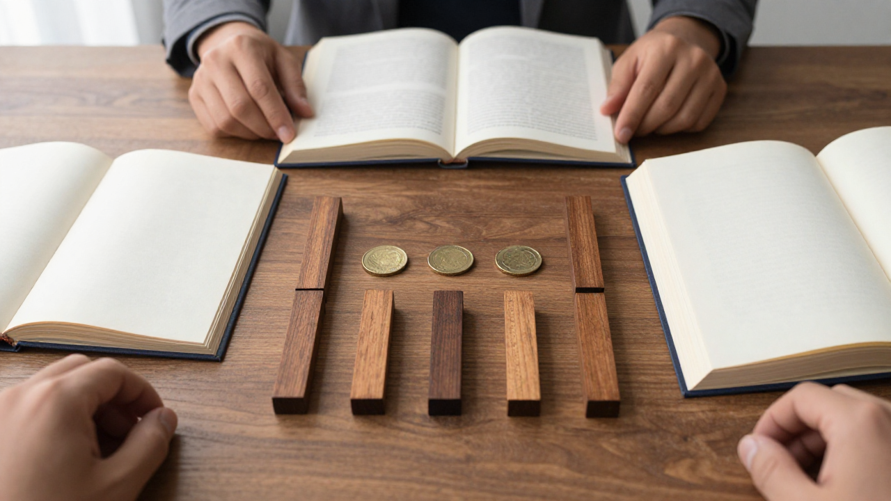 Six wooden line pieces, three coins, and two open translations on a reading desk