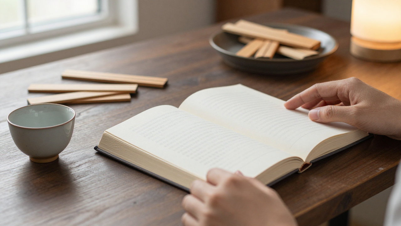 A quiet table with a closed cloth-bound book, tea cup, wooden line pieces, and a small lamp