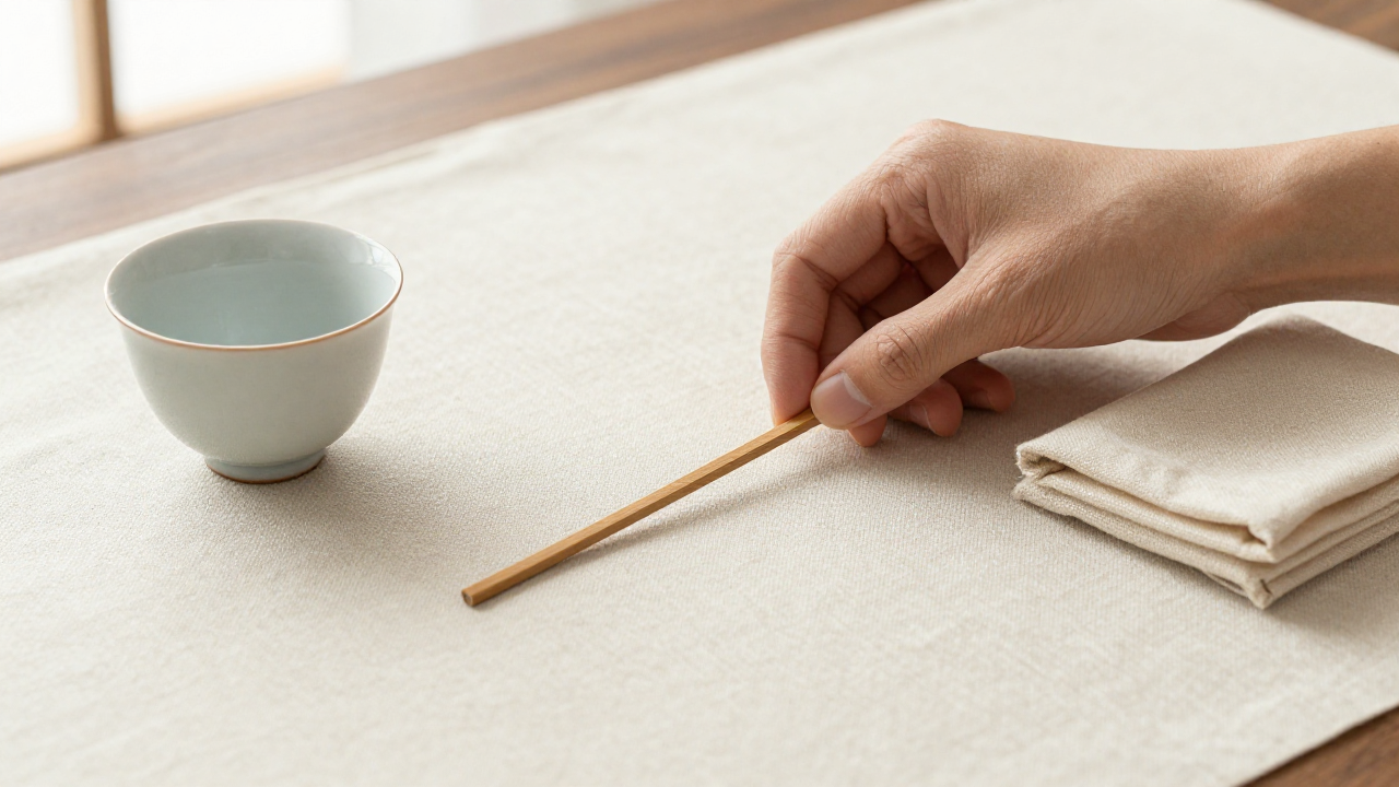 Adult hands adjusting one wooden line piece beside a tea cup and folded linen