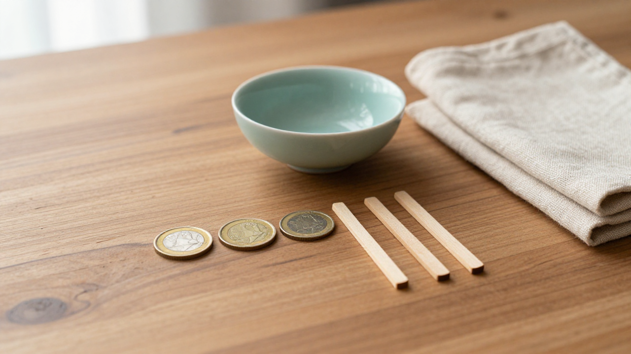 Three blank coins beside six wooden line pieces and a celadon bowl on linen
