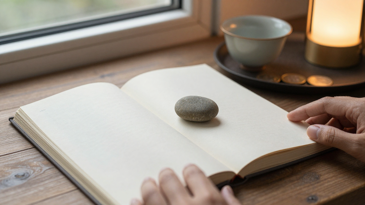 Closed journal, smooth stone, tea cup, warm lamp, and coins in a tray