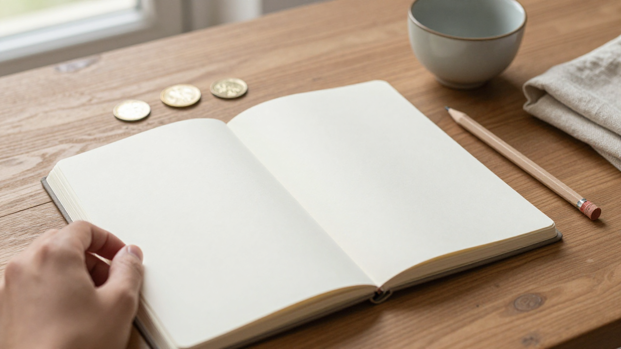 Blank journal, three coins, pencil, tea cup, and linen prepared for an I Ching question