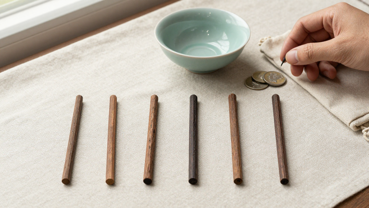 Six wooden line pieces on linen beside coins, a celadon bowl, and cloth pouch