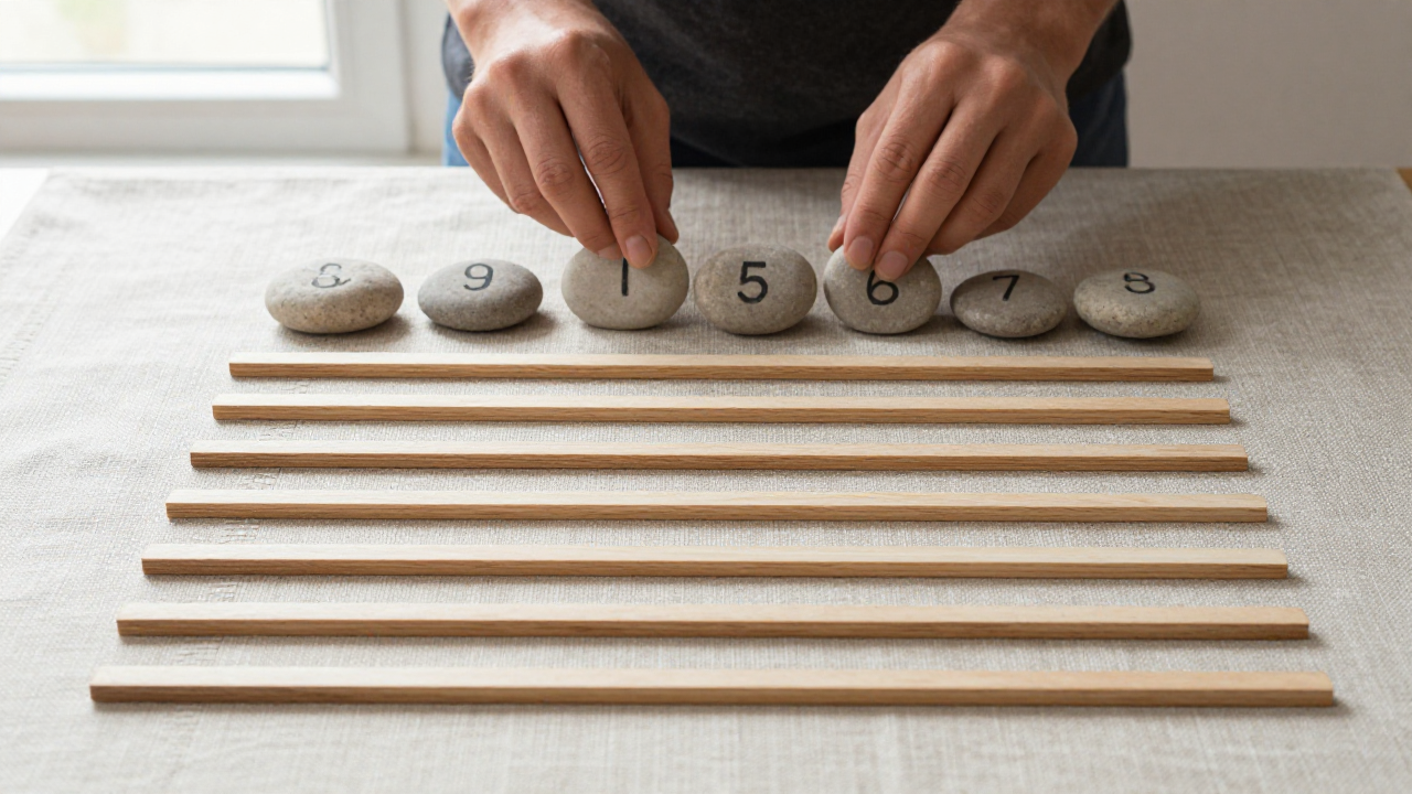 upper and lower trigrams scene with six wooden line pieces, linen mat, numberless position stones