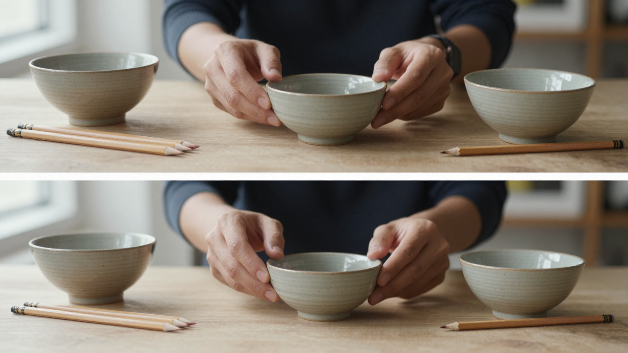 upper and lower trigrams scene with two groups of three sticks, ceramic bowls, pencil