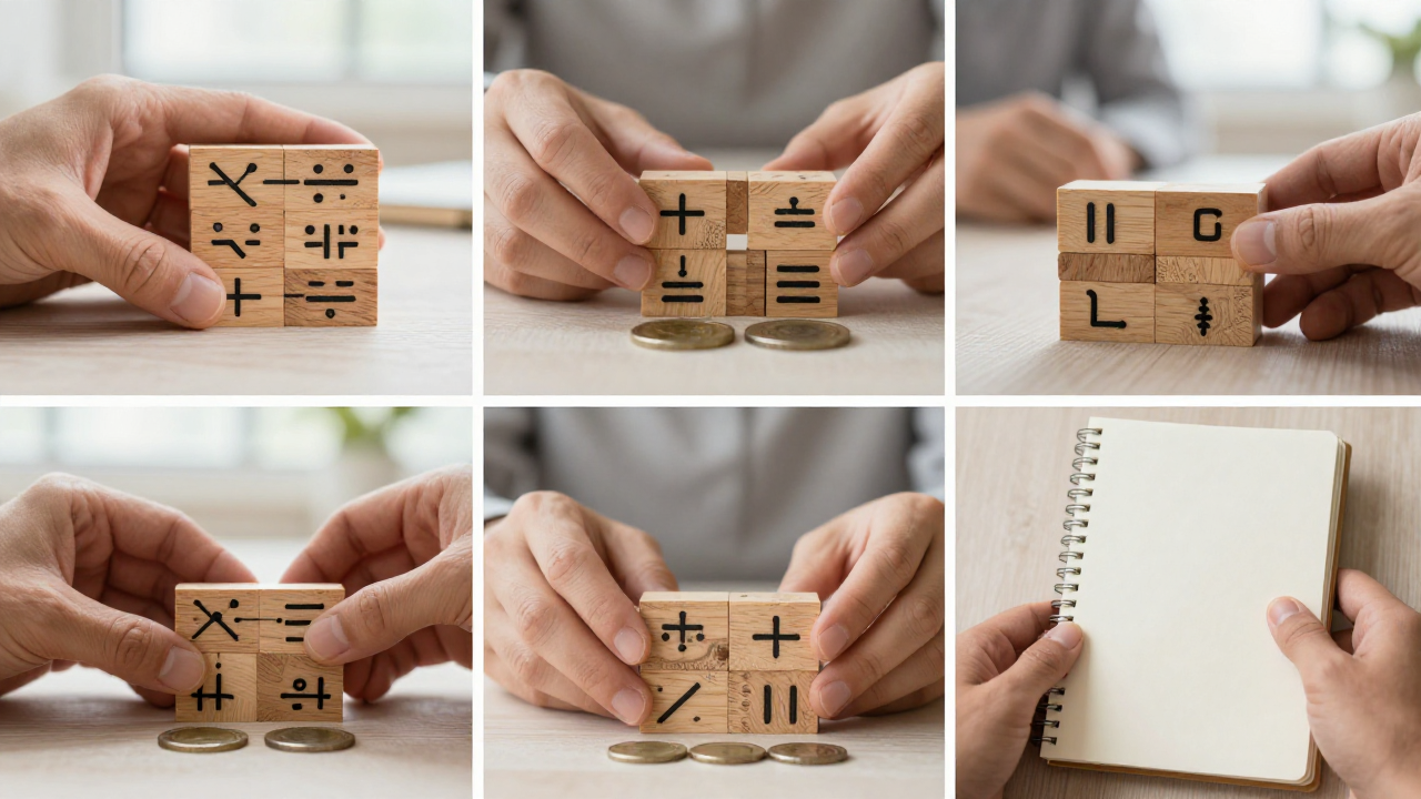 upper and lower trigrams scene with stacked trigram blocks, three coins, blank notebook