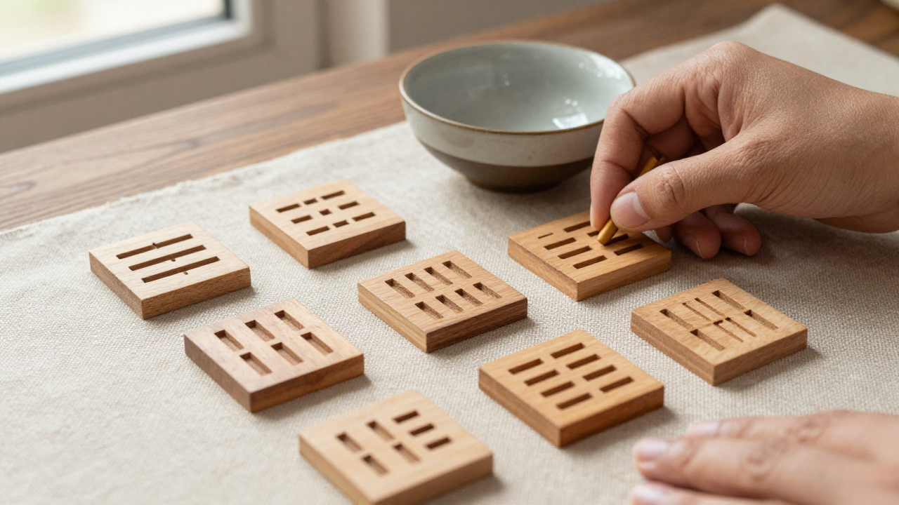 eight trigrams names scene with eight wooden trigram tiles, linen mat, ceramic bowl