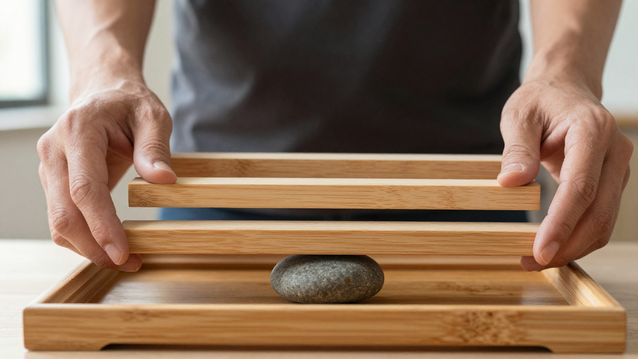 eight trigrams names scene with three wooden line pieces, bottom marker stone, bamboo tray