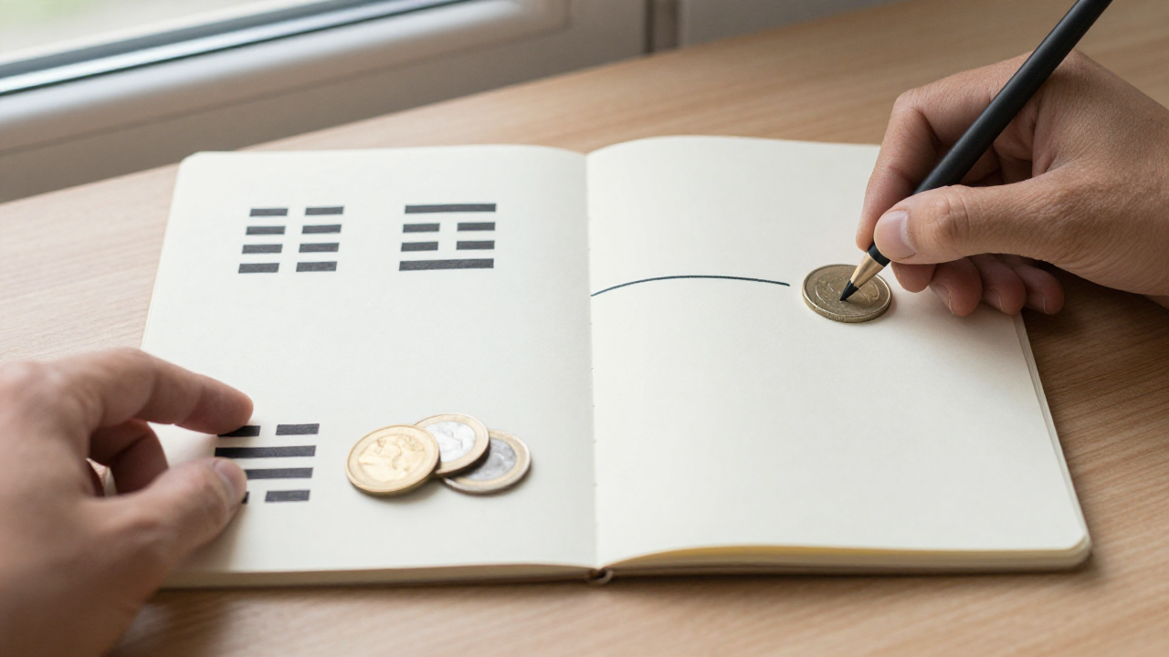 eight trigrams names scene with two stacked trigram groups, three coins, blank notebook