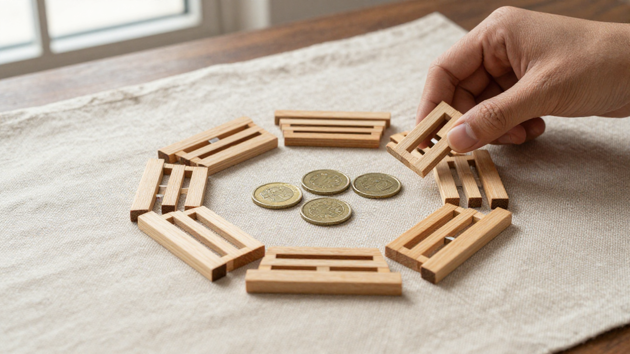 i ching primary hexagram scene with six wooden line pieces, three coins, linen mat