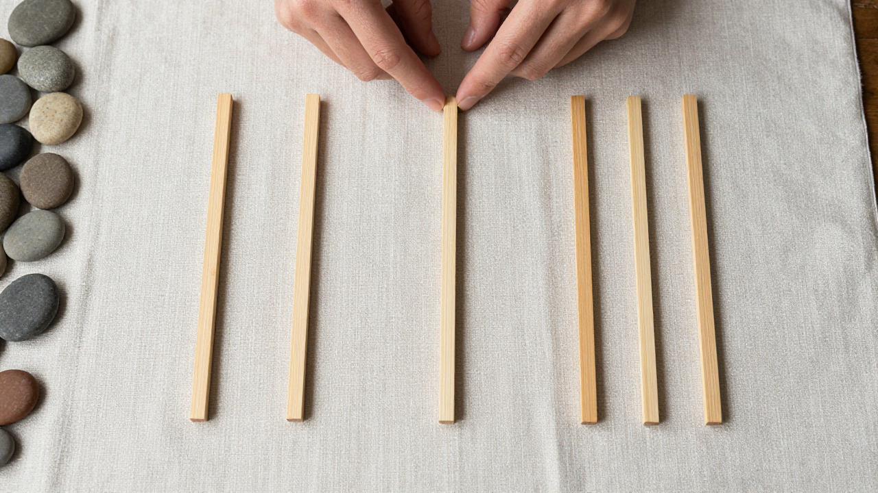 i ching primary hexagram scene with six wooden sticks, blank linen, smooth pebbles