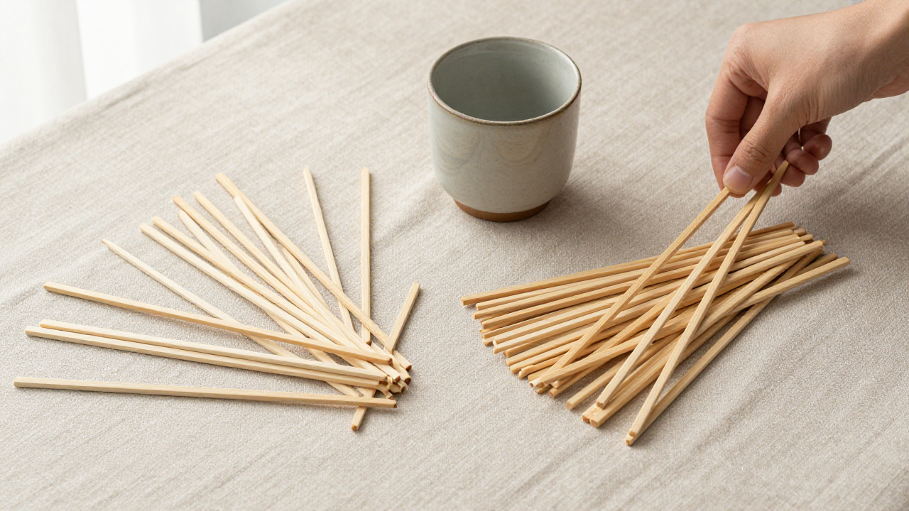 i ching primary hexagram scene with two groups of wooden sticks, ceramic cup, blank linen