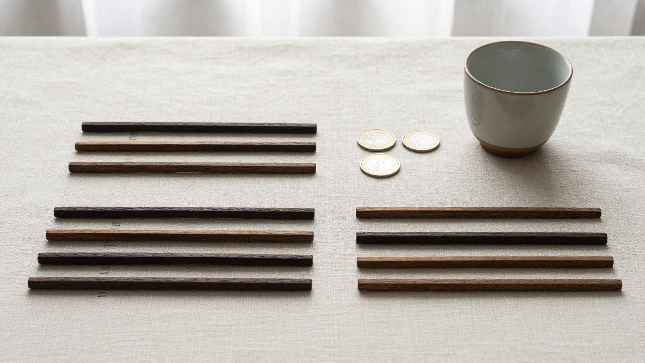 six plain sticks show solid and broken line forms beside coins