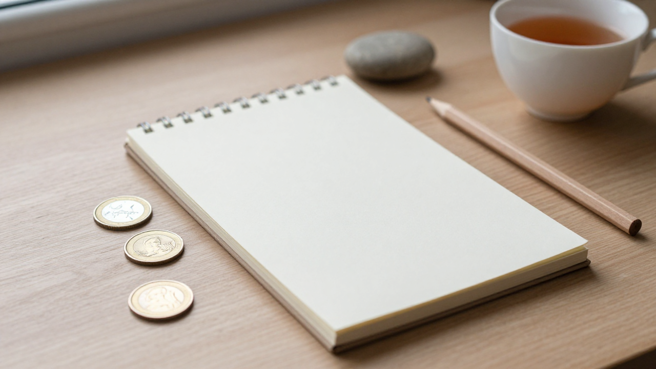 Three coins, closed notebook, smooth stone, pencil, and tea cup on a tidy desk
