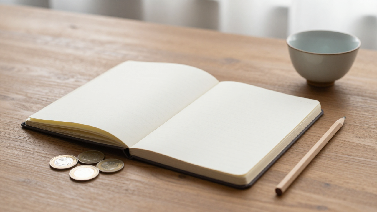 Closed blank notebook, pencil, three coins, and tea cup on a calm wooden desk