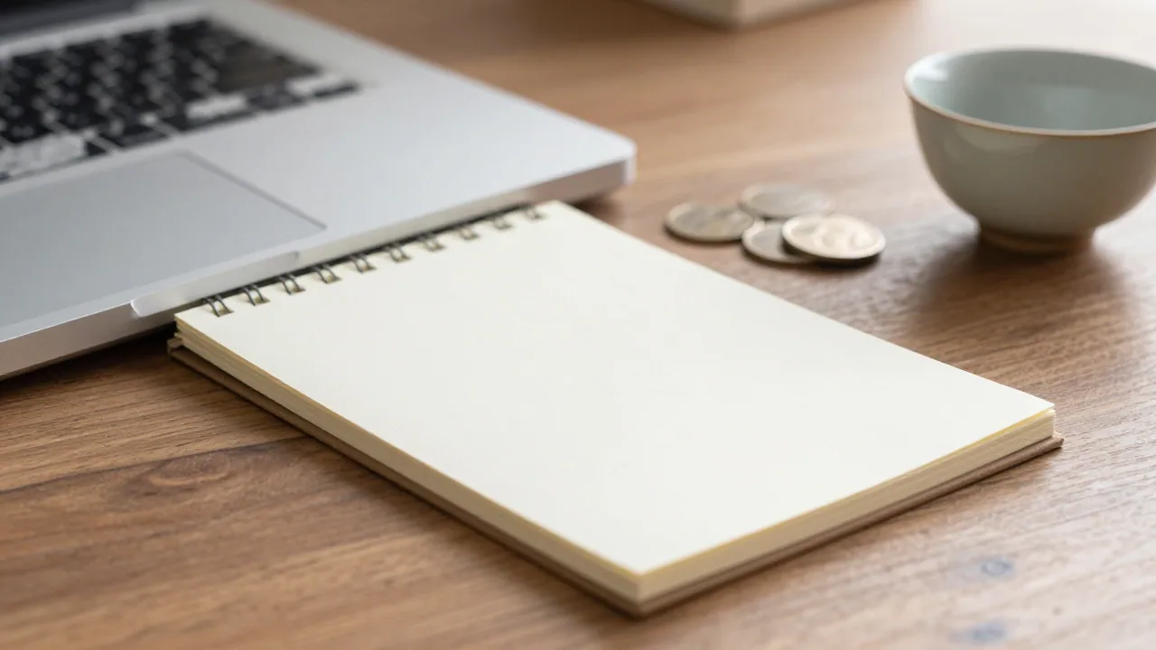 Closed face-down device with blank notepad, coins, and tea cup