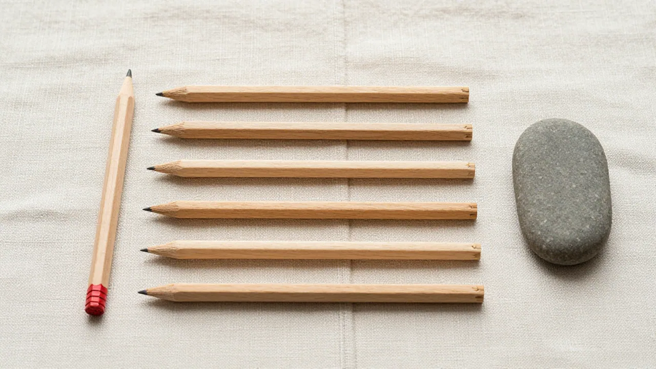 Six wooden sticks on linen cloth beside pencil and stone