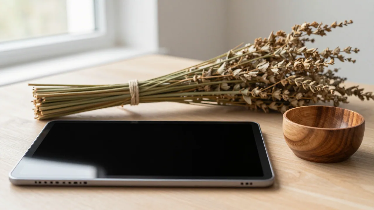 Closed face-down tablet with tied stalk bundle and wooden bowl
