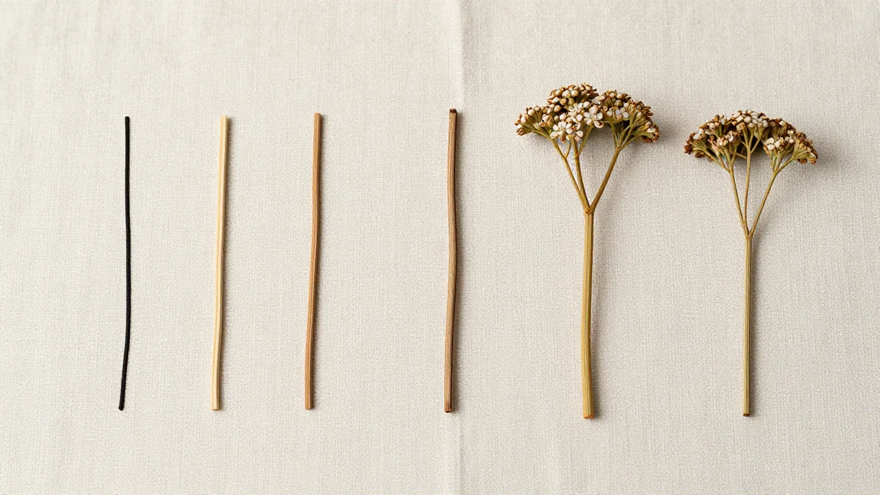 Six wooden line strokes beside yarrow stalks