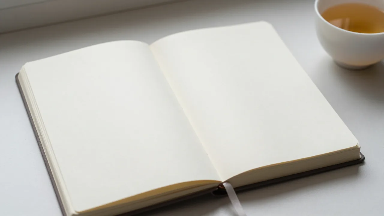 Unmarked notebook with plain book and tea cup