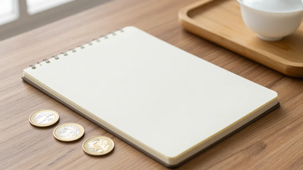 Plain coins, notebook, bamboo tray, and tea cup for an I Ching oracle setup