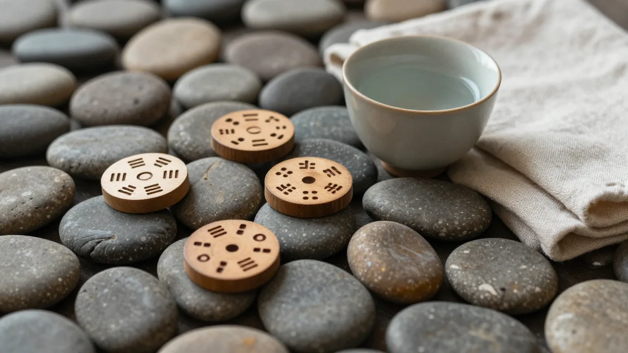 Blank paper sheets with stones and tea cup for a bounded I Ching next step