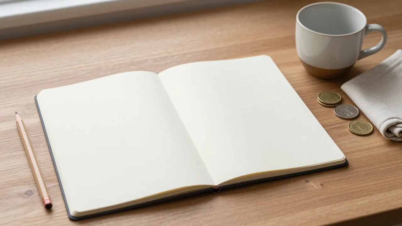Blank notebook, pencil, coins, and cup for framing an online I Ching question