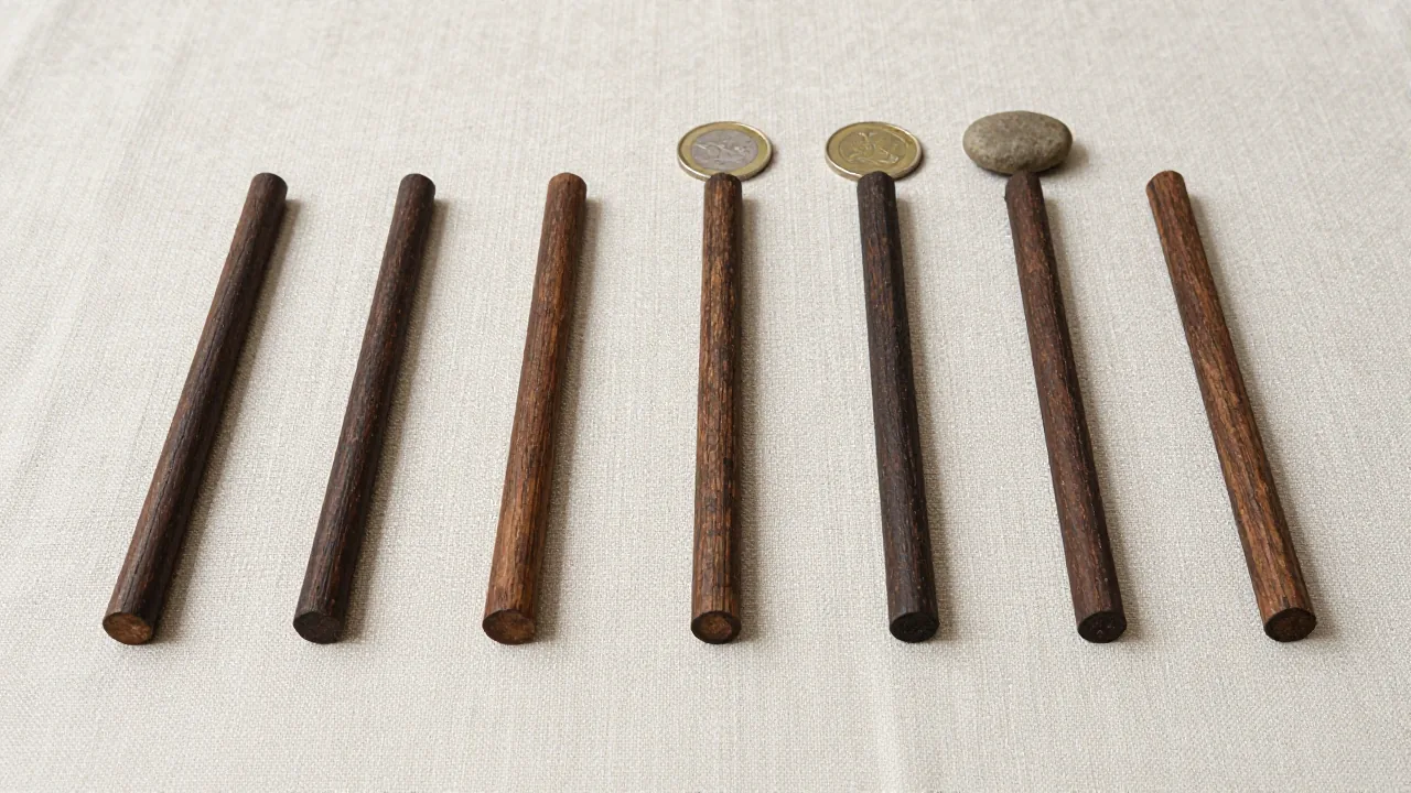 Wooden line marks and coins for recording an I Ching result