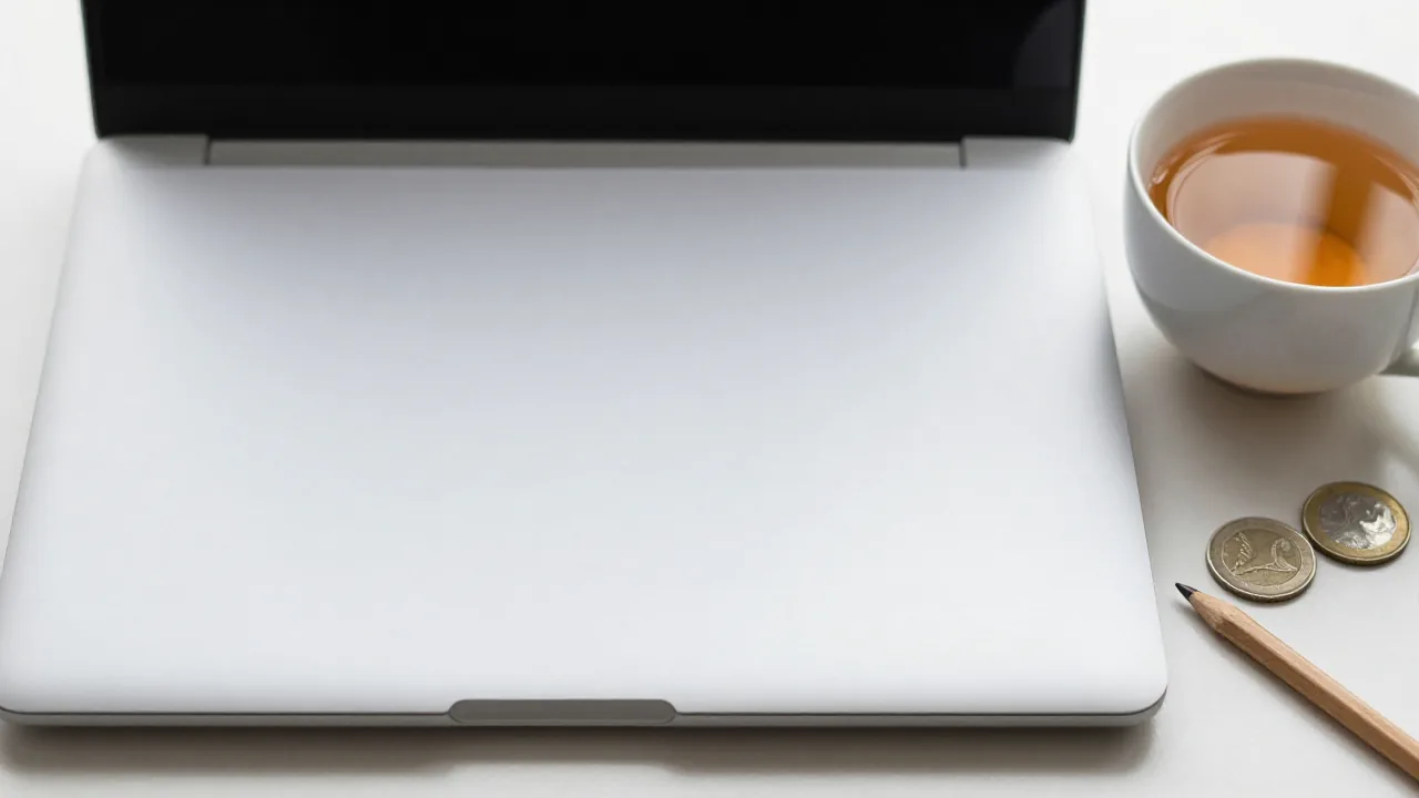Closed laptop, blank paper, and coins for ending an online reading with a next step