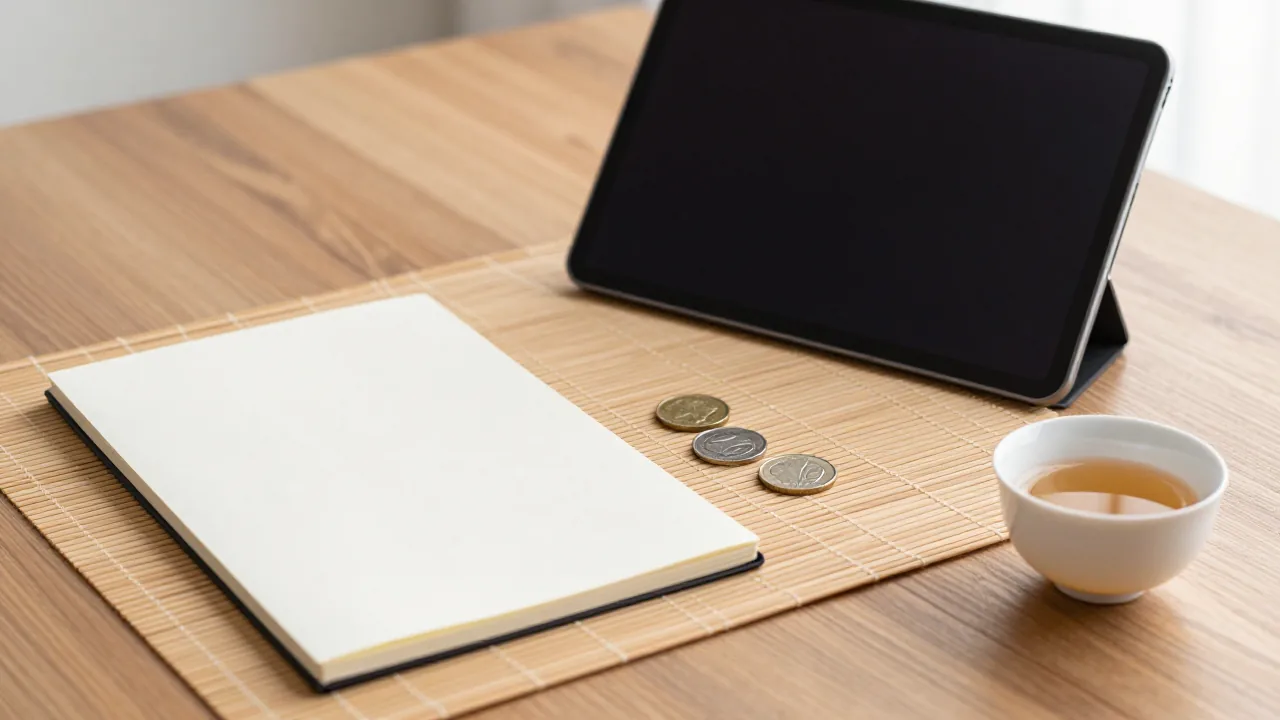 Blank notebook, coins, mat, and cup for using the Book of Changes online carefully
