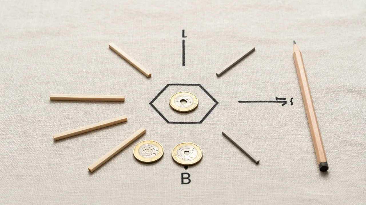 Wooden line marks and coins for recording I Ching changing lines