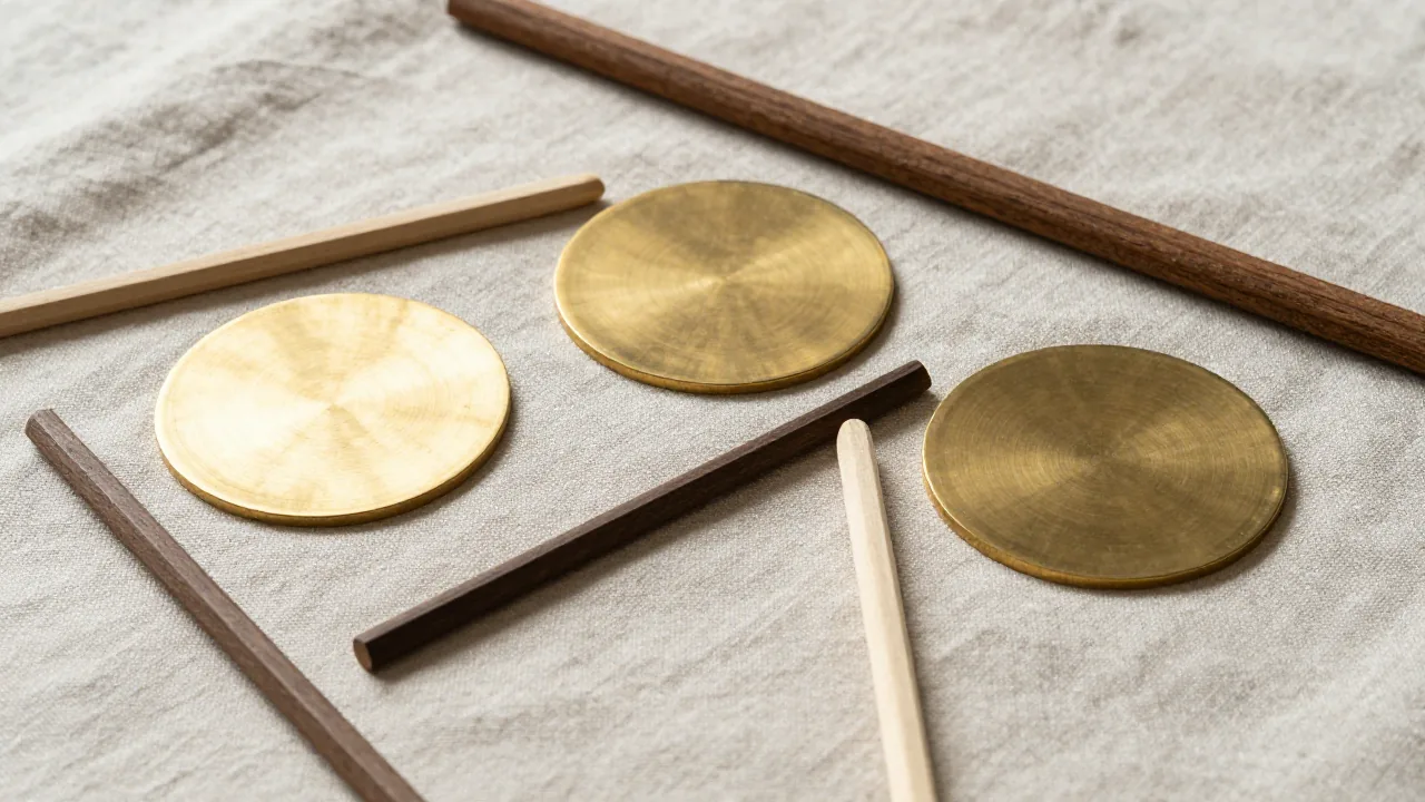 three plain brass discs without markings, dark and light wooden sticks, linen cloth supporting i ching reader