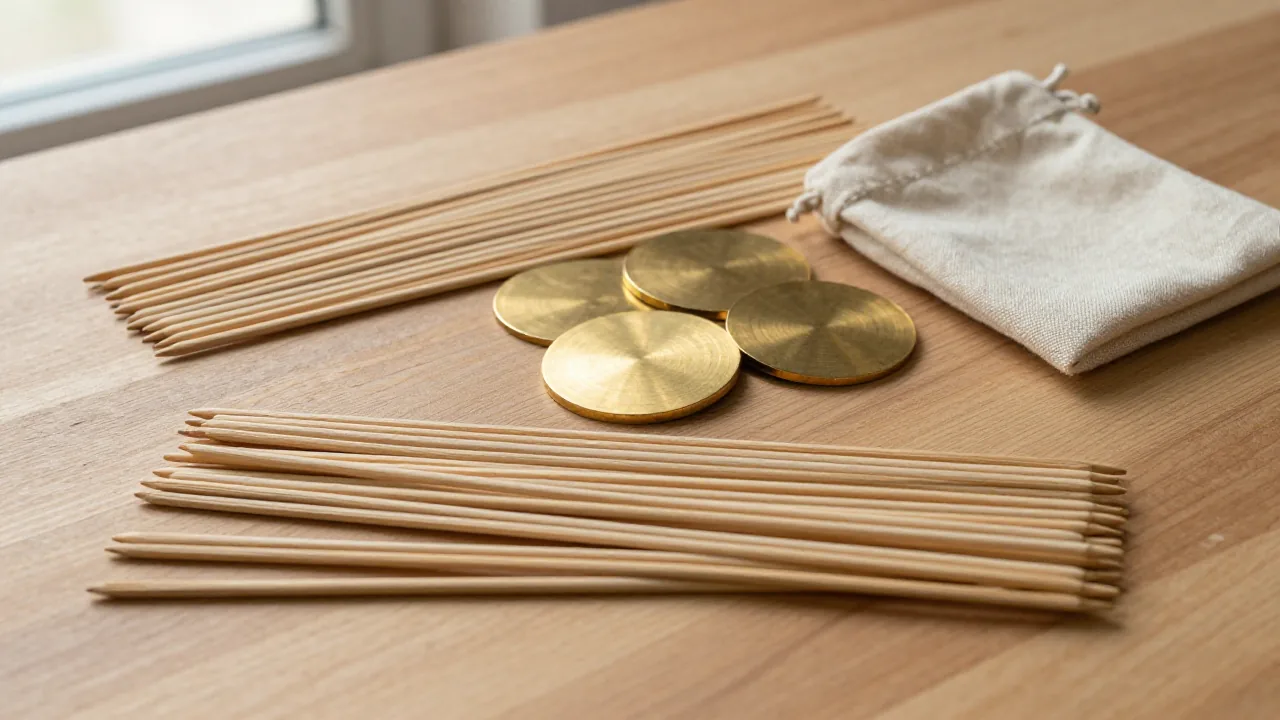 two neat sets of wooden line sticks, three unmarked brass discs, plain cloth pouch supporting i ching reader